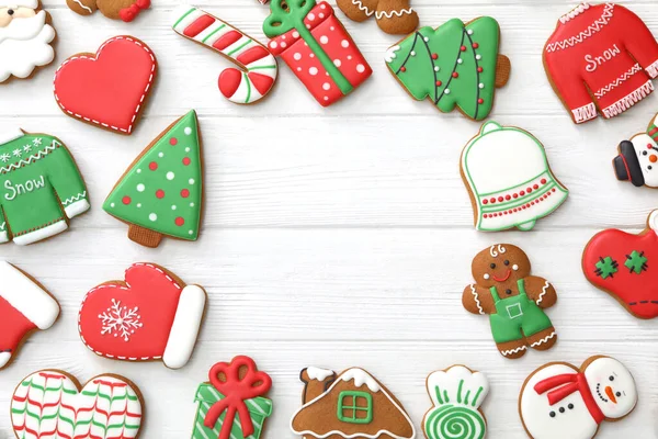 Frame Different Delicious Christmas Cookies White Wooden Table Flat Lay — Stock Photo, Image