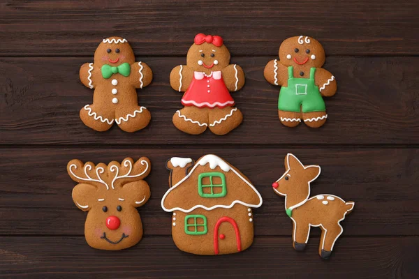 Different Delicious Christmas Cookies Wooden Table Flat Lay — Stock Photo, Image