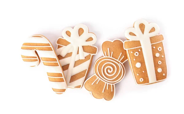 Diferentes Deliciosos Biscoitos Natal Fundo Branco Vista Superior — Fotografia de Stock