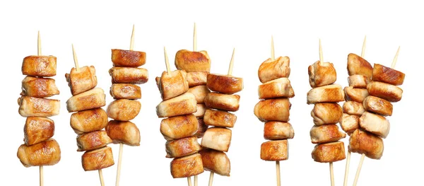 Conjunto Deliciosos Brochetas Pollo Sobre Fondo Blanco Diseño Banner — Foto de Stock