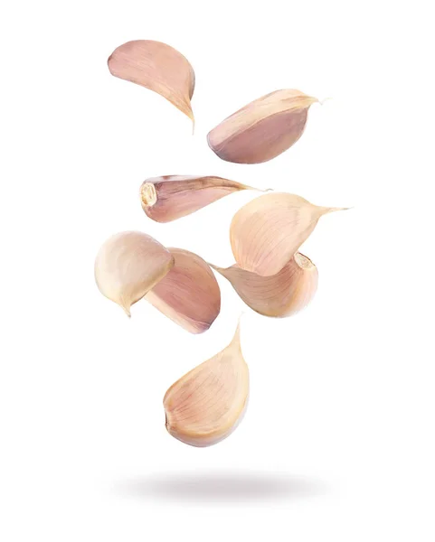 Many Garlic Cloves Falling White Background — Stock Photo, Image