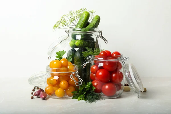 Pickling jars with fresh vegetables on light table — Stock Image Pickling Jars Fresh Vegetables Light Table Royalty Free Stock Photos