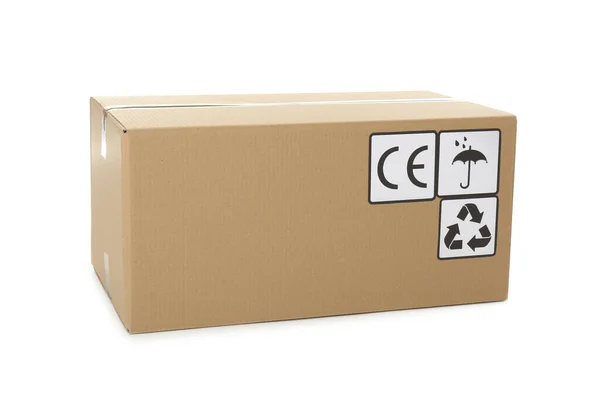 Картонная Коробка Различными Символами Упаковки Изолированы Белом Доставка Посылки — стоковое фото