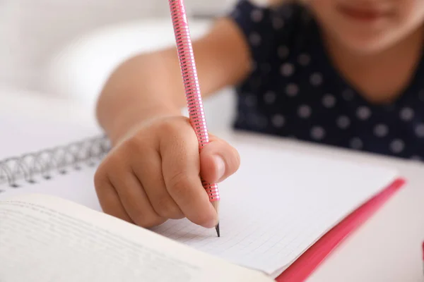 Little Girl Doing Homework Table Closeup — Stock Photo, Image