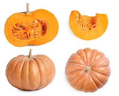 Beyaz arkaplanda taze balkabağı seti