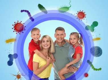 Güçlü bağışıklık - sağlıklı aile. Çocuklu mutlu ebeveynler virüslerden, bakterilerden ve resimlerden korunuyorlar.
