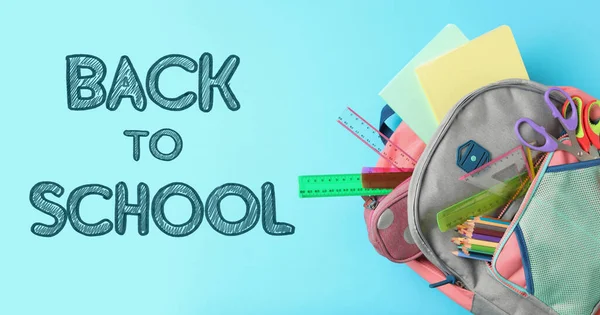 Texto Back School Mochila Com Diferentes Artigos Papelaria Fundo Azul — Fotografia de Stock