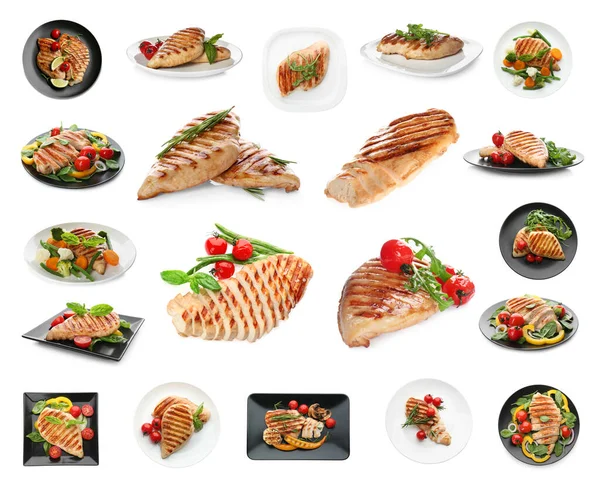 Set Grilled Chicken Breasts White Background — Stock Photo, Image