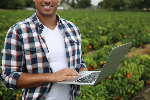 Man Met Laptop Het Veld Close Landbouwtechnologie — Stockfoto