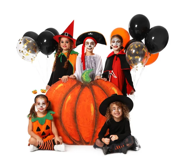 Cute Little Kids Balloons Decorative Pumpkin Wearing Halloween Costumes White — Stock Photo, Image