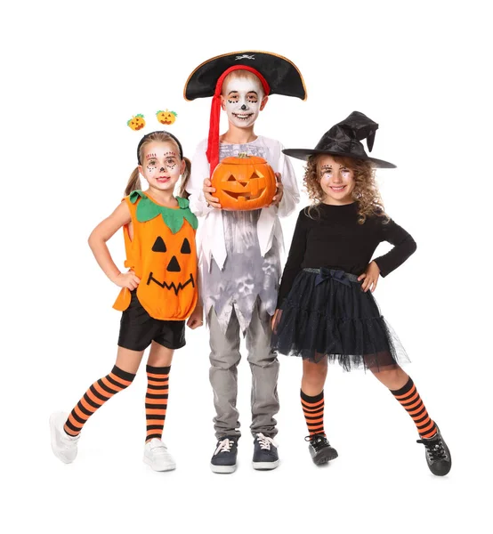 Miúdos Bonitos Com Abóbora Cabeça Jack Lanterna Vestindo Trajes Halloween — Fotografia de Stock