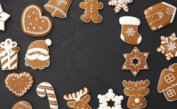 Quadro Deliciosos Biscoitos Natal Mesa Preta Flat Lay Espaço Para — Fotografia de Stock