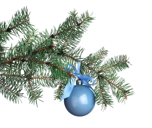 Boule Noël Brillante Bleu Clair Sur Branche Sapin Sur Fond — Photo