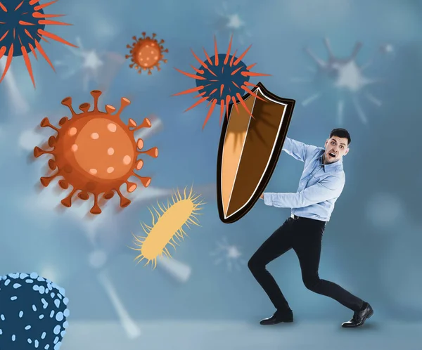 Healthy Boost Your Immunity Man Blocking Viruses Bacteria Shields Illustration — Stock Photo, Image