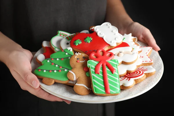 Woman Plate Delicious Gingerbread Christmas Cookies Black Background Closeup — Stock Photo, Image