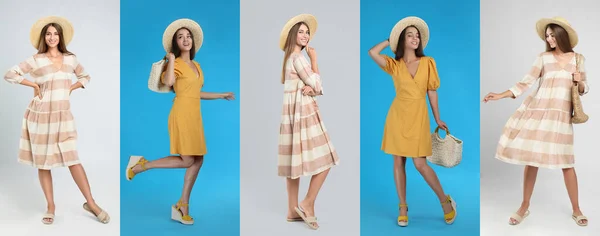 Collage Con Fotos Mujeres Jóvenes Con Diferentes Vestidos Fondos Brillantes —  Fotos de Stock