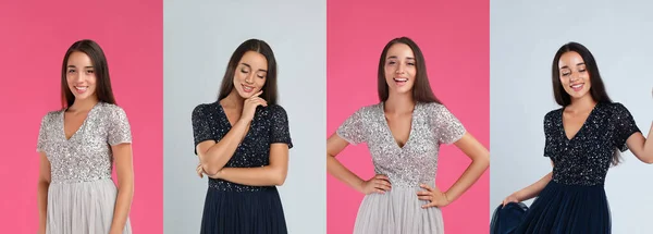 Collage Con Fotos Mujer Joven Con Diferentes Vestidos Fondos Brillantes — Foto de Stock