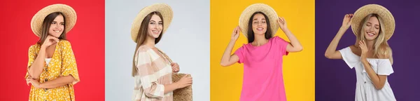 Colagem Com Fotos Mulheres Jovens Vestindo Vestidos Diferentes Fundos Brilhantes — Fotografia de Stock