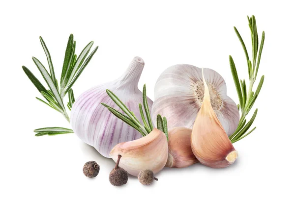 Frischer Knoblauch Mit Rosmarin Und Piment Auf Weißem Hintergrund — Stockfoto