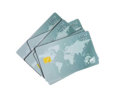 Beyaz arka planda gri plastik kredi kartları