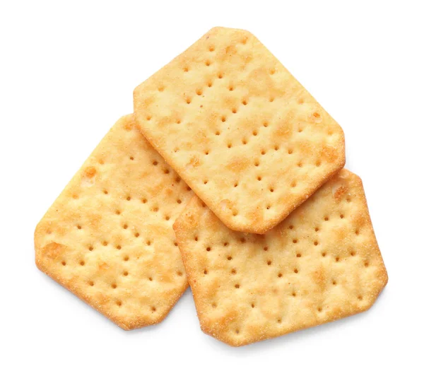 Delicious Crispy Crackers Isolated White Top View — Stock Photo, Image