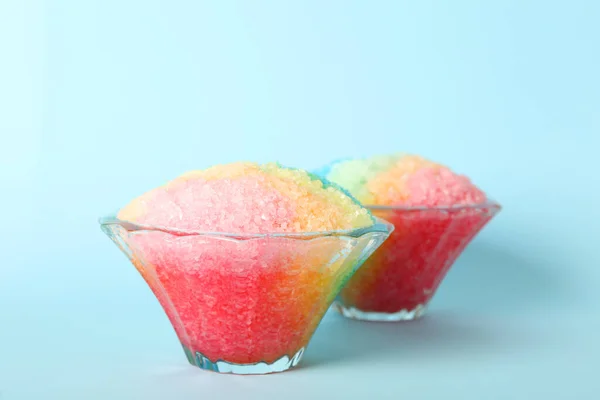 Rainbow Shaving Ice Glass Dessert Bowls Light Blue Background — Stock Photo, Image