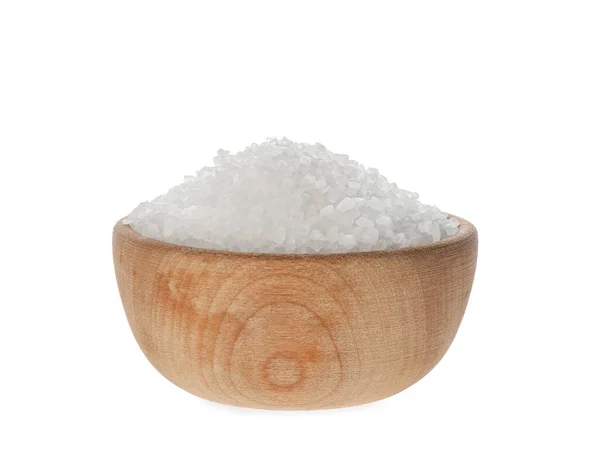 Miska Drewniana Naturalną Solą Izolowaną Białym — Zdjęcie stockowe