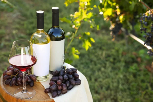 Komposition Mit Wein Und Reifen Trauben Auf Dem Fass Weinberg — Stockfoto