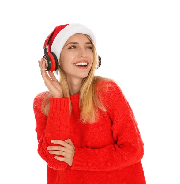 Szczęśliwa Kobieta Słuchawkami Białym Tle Muzyka Świąteczna — Zdjęcie stockowe