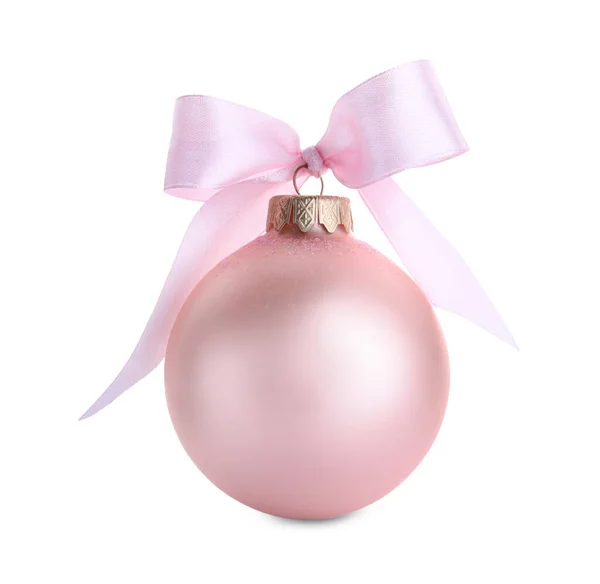 Bola Natal Rosa Bonita Com Fita Isolada Branco — Fotografia de Stock