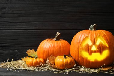 Jack O 'Lantern, balkabakları ve saman siyah ahşap masa üzerinde, yazı için yer. Cadılar Bayramı Dekorasyonu