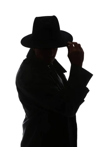 Silhouette Régi Vágású Detektív Fehér Háttér — Stock Fotó