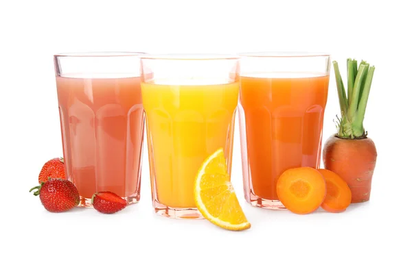 Glasses Delicious Juices Fresh Fruits White Background — Stock Photo, Image
