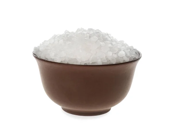 Skål Med Naturligt Salt Isolerat Vitt — Stockfoto