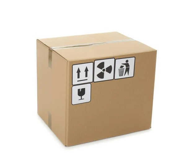 Boîte Carton Avec Différents Symboles Emballage Isolés Sur Blanc Livraison — Photo