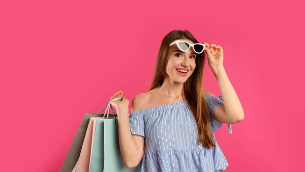 Beautiful Young Woman Paper Shopping Bags Pink Background — Stock Photo, Image