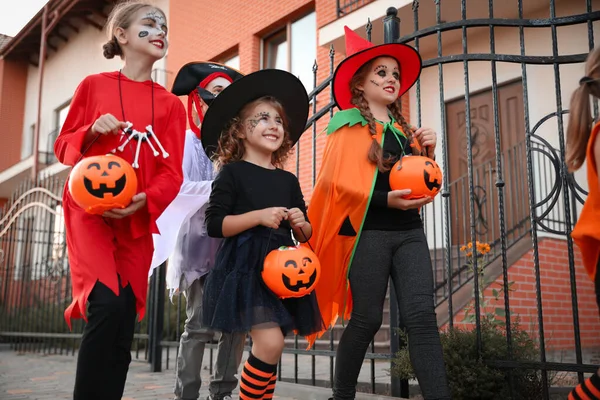 Cute Little Kids Wearing Halloween Costumes Going Trick Treating Outdoors — Stock Photo, Image