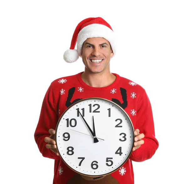 Homem Chapéu Pai Natal Com Relógio Sobre Fundo Branco Contagem — Fotografia de Stock