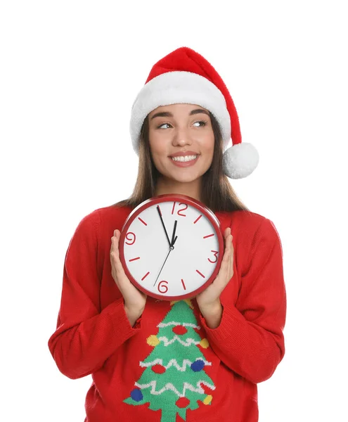 Femme Chapeau Père Noël Avec Horloge Sur Fond Blanc Compte — Photo