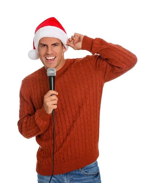 Συναισθηματικός Άνθρωπος Στο Καπέλο Santa Claus Τραγούδι Μικρόφωνο Λευκό Φόντο — Φωτογραφία Αρχείου