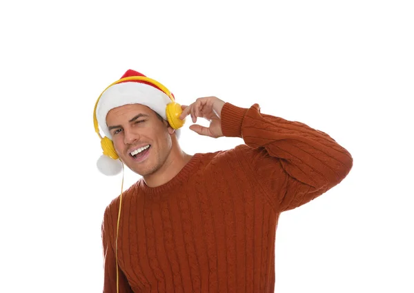 Emotional Man Headphones White Background Christmas Music — Stock Photo, Image