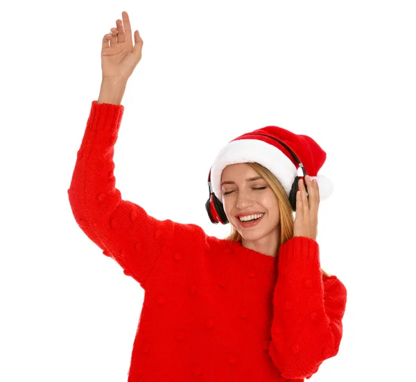 Mulher Feliz Com Fones Ouvido Fundo Branco Música Natal — Fotografia de Stock