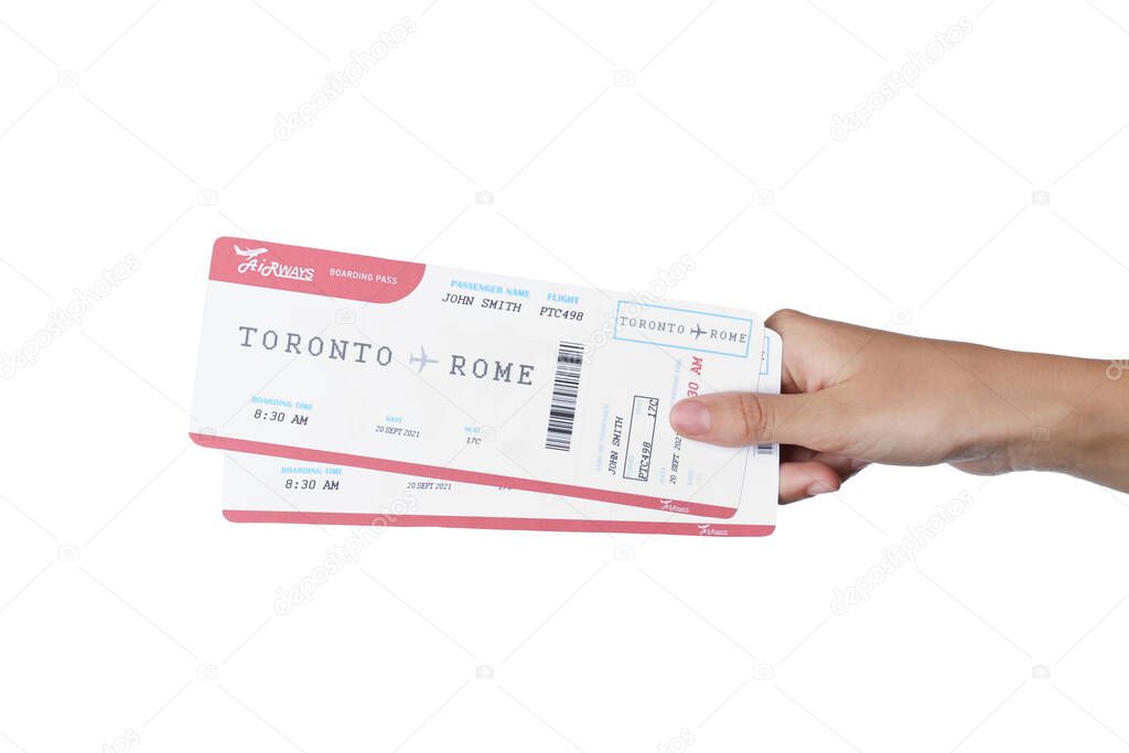 Woman holding tickets on white background, closeup. Travel agency concept