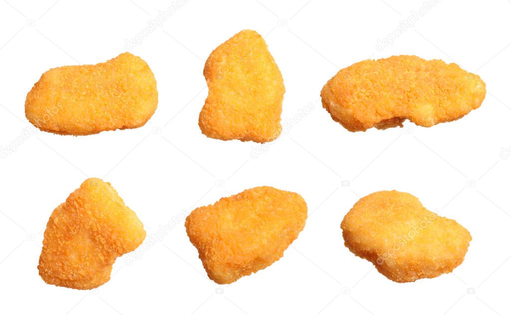 Set of fresh chicken nuggets on white background