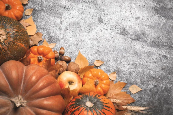 Platte Lay Compositie Met Pompoenen Herfstbladeren Grijze Tafel Ruimte Voor — Stockfoto