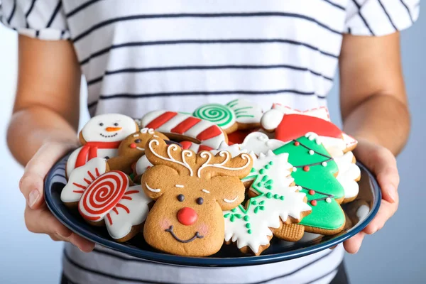 Woman Plate Delicious Gingerbread Christmas Cookies Grey Background Closeup — Stock Photo, Image