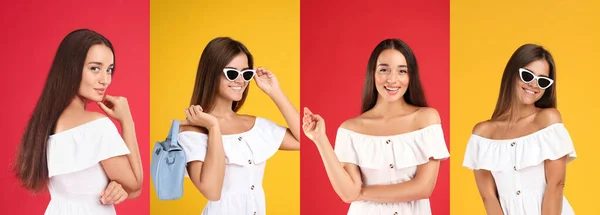 Collage Con Fotos Mujeres Jóvenes Con Diferentes Vestidos Fondos Brillantes — Foto de Stock