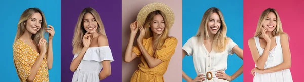 Collage Con Fotos Mujer Joven Con Diferentes Vestidos Fondos Brillantes — Foto de Stock