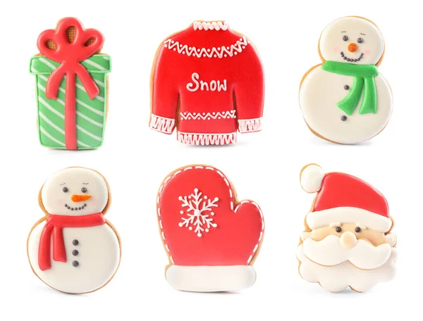 Conjunto Diferentes Cookies Natal Fundo Branco — Fotografia de Stock