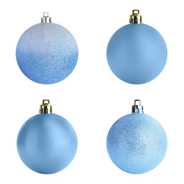 Conjunto Luz Azul Bolas Natal Fundo Branco — Fotografia de Stock